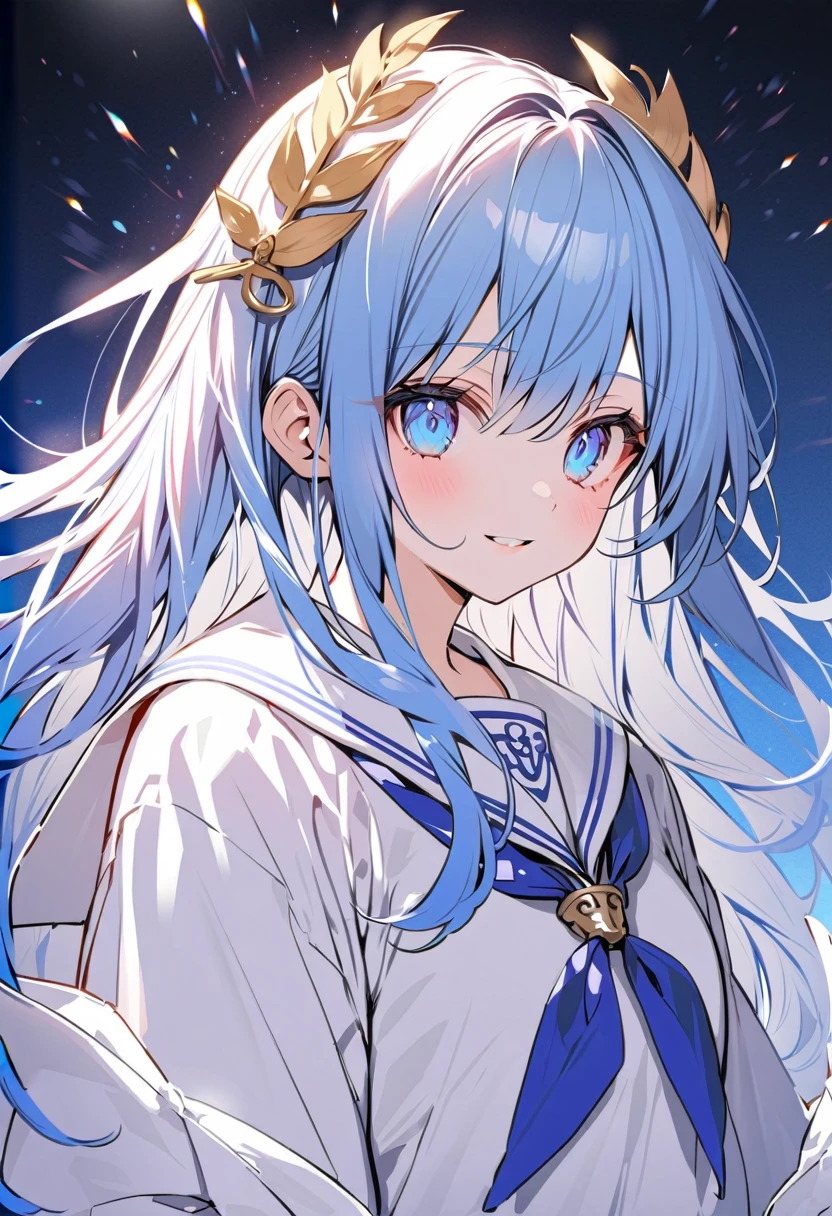 masutepiece++, Best Quality++, ultra-definition++, ultra-definition++, rey tracing, 4K or more++, 8K or more++, Slight details, (Background Focus )++,Young woman with golden laurel wreath, (((Ultramarine hair))), (((White dip dyed hair))), (((red streaked hair))),sailor,Sailor collar,White shirt, skirt by the,anchor,