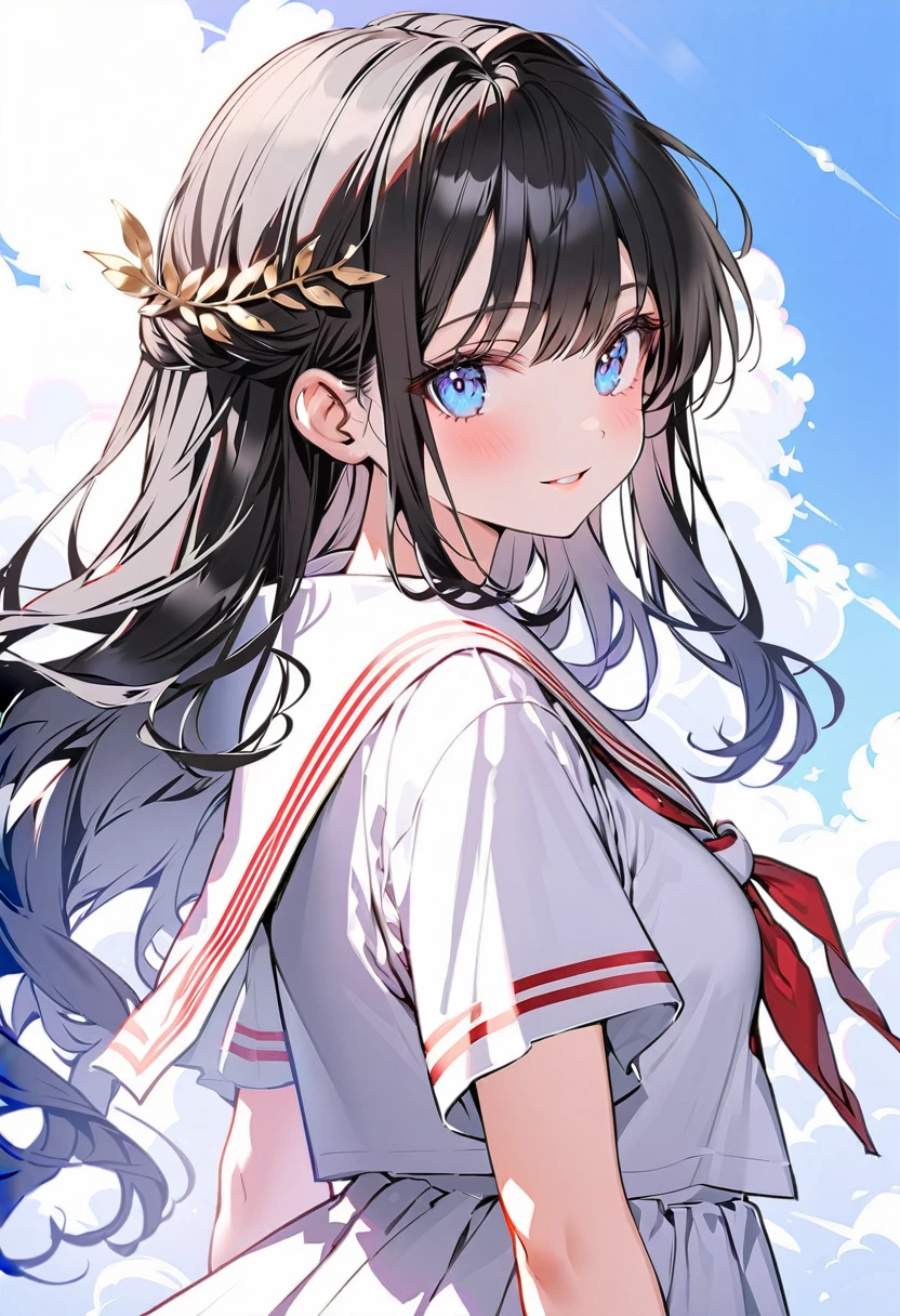 masutepiece++, Best Quality++, ultra-definition++, ultra-definition++, rey tracing, 4K or more++, 8K or more++, Slight details, (Background Focus )++,Young woman with golden laurel wreath, (((Ultramarine hair))), (((White dip dyed hair))), (((red streaked hair))),sailor,Sailor collar,White shirt, skirt by the,anchor,