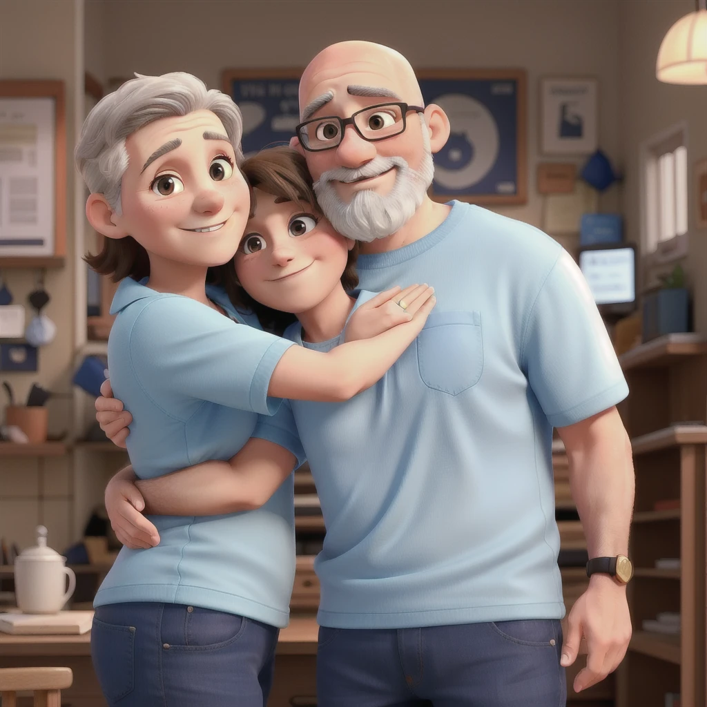 A couple in their 50s, loving and hugging. You are completely bald and have a low beard., He's chubby with strong arms, while the woman is sweet and small, with medium hair, smooth and golden blonde. In the image there are only two people.