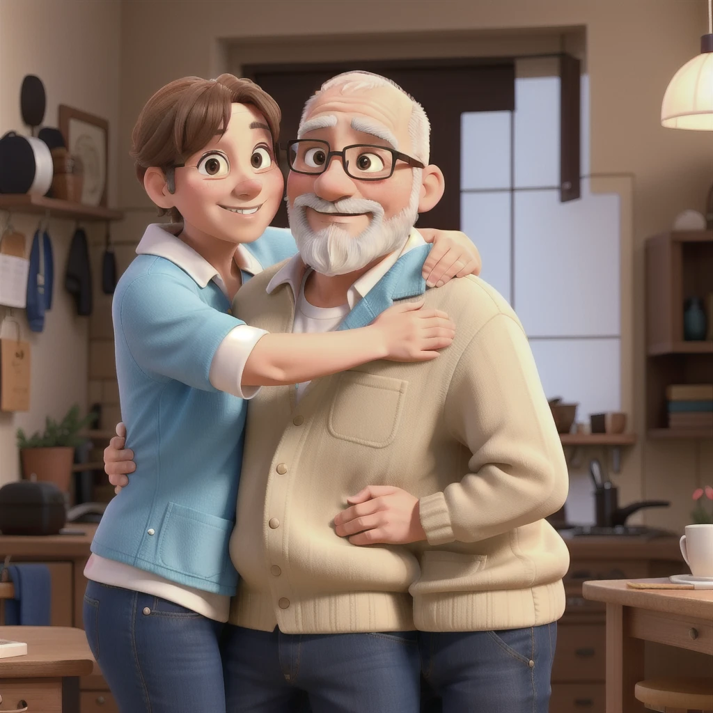 A couple in their 50s, loving and hugging. You are completely bald and have a low beard., He&#39;s chubby with strong arms, while the woman is sweet and small, with medium hair, smooth and golden blonde. In the image there are only two people.