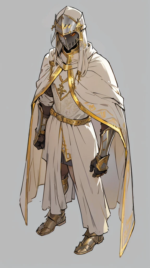 Templar warrior in armor, wearing armor and a white skirt, he also wears a cloak with gold borders, the leper king balduin iv