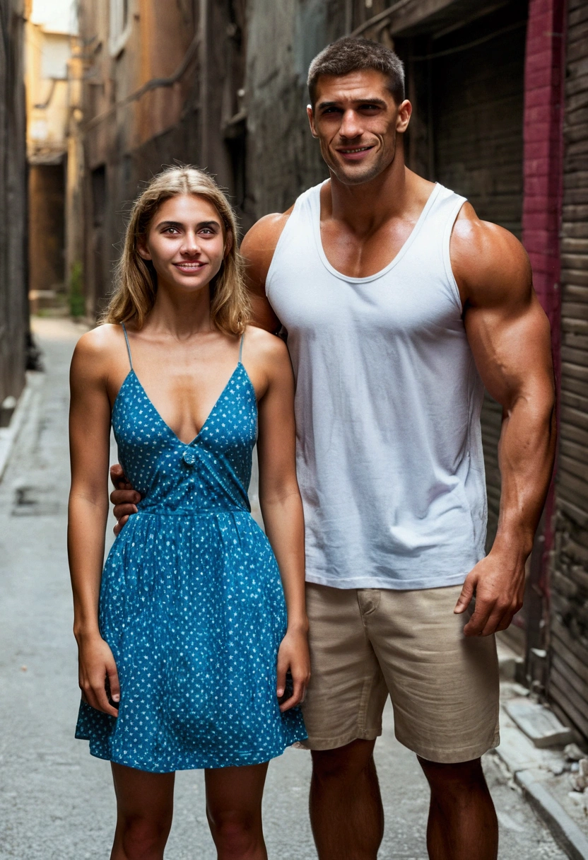 man 2.40 meters, robust, muscular, serious countenance, Lost look, in a alley, Whole body, clenched jaw, Light hair, frown, big jaw, Hollow eyes, standing next to a pretty girl 1.50 meters dressed in a short, low-cut summer dress with a crazy face and crazy smile