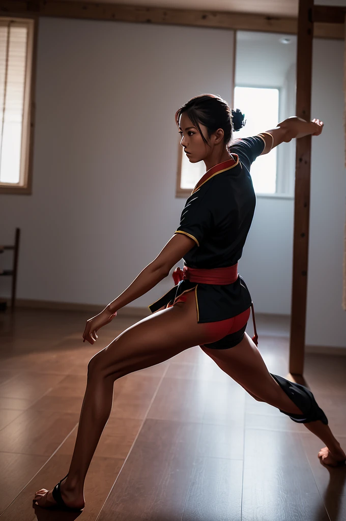 A silhouette of a martial artist in a dynamic pose (e.g., high kick, striking stance) with a backdrop of a traditional dojo or a stylized dragon.