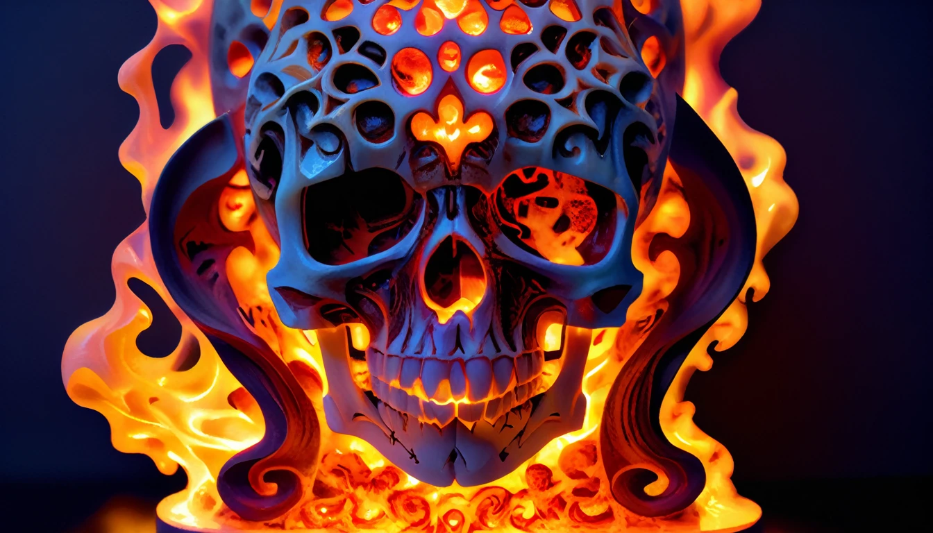 female in a mythical fire, masterpiece, perfect face, intricate details, horror theme, epoxy_skull