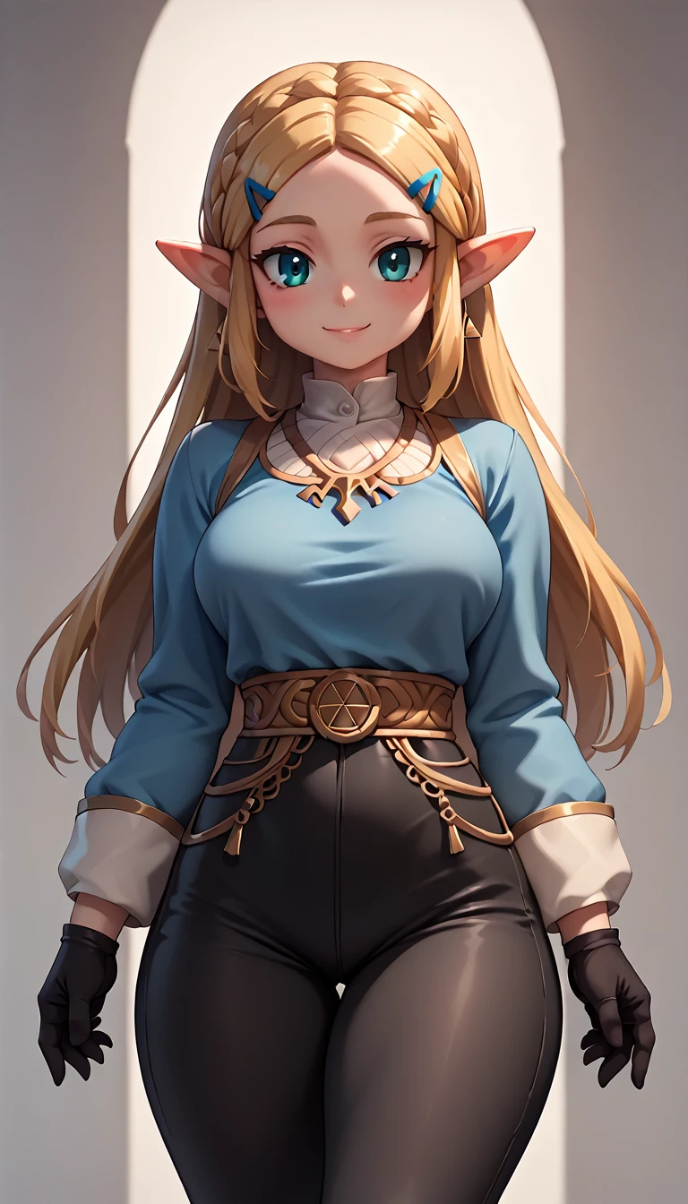 High resolution, Very detailed, perfect lighting, beautiful detailed eyes,   ((masterpiece,Best Quality)), absurdities, alone,     princess zelda, by the width, crown braid, Hair clip, pointy ears, blue shirt, long sleeves, Gloves without fingers, black gloves, Black pants, tight pants, smile, curves, nod,   ,  deep neckline, deep neckline 