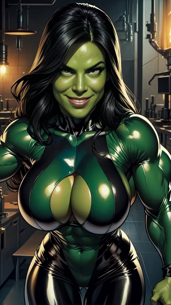 Marvel She Hulk,(Jessica Walters)black hair,big massive muscles,green skin Close up of breasts, pokies,white and black leather bodysuit,high tech science lab, smile,sexy seductive pose