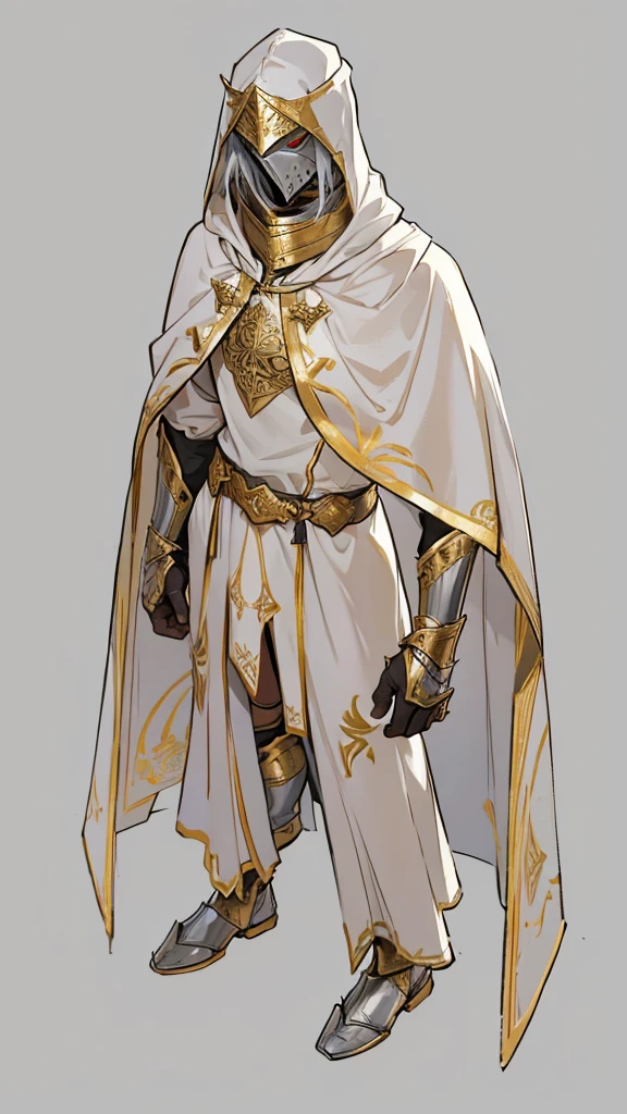 Templar warrior in armor, wearing armor and a white skirt, he also wears a cloak with gold borders, the leper king balduin iv