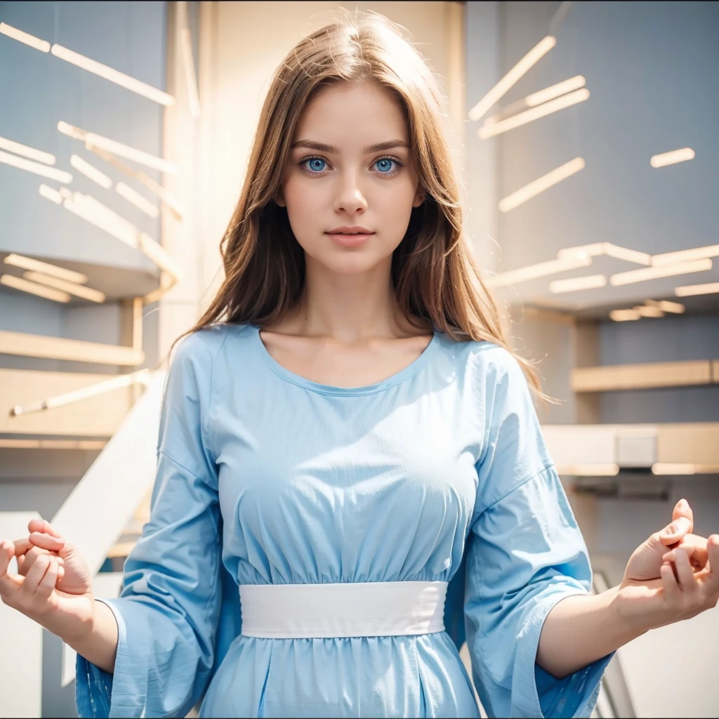 Beautiful woman with light blue eyes, open arms