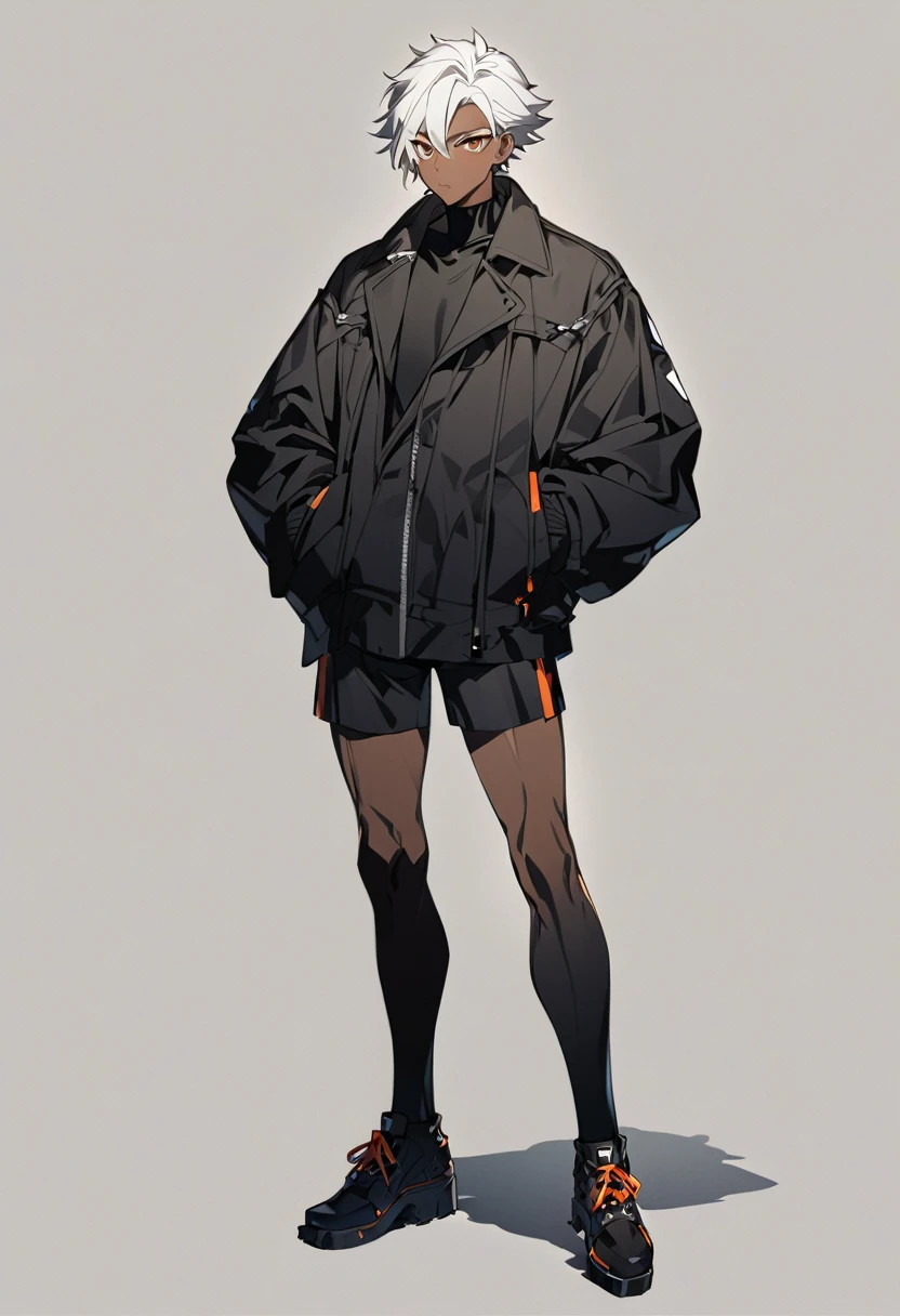 a anime man, dark skinned, white short hair, brown eyes, wearing a black jacket, standing, full body, thin body