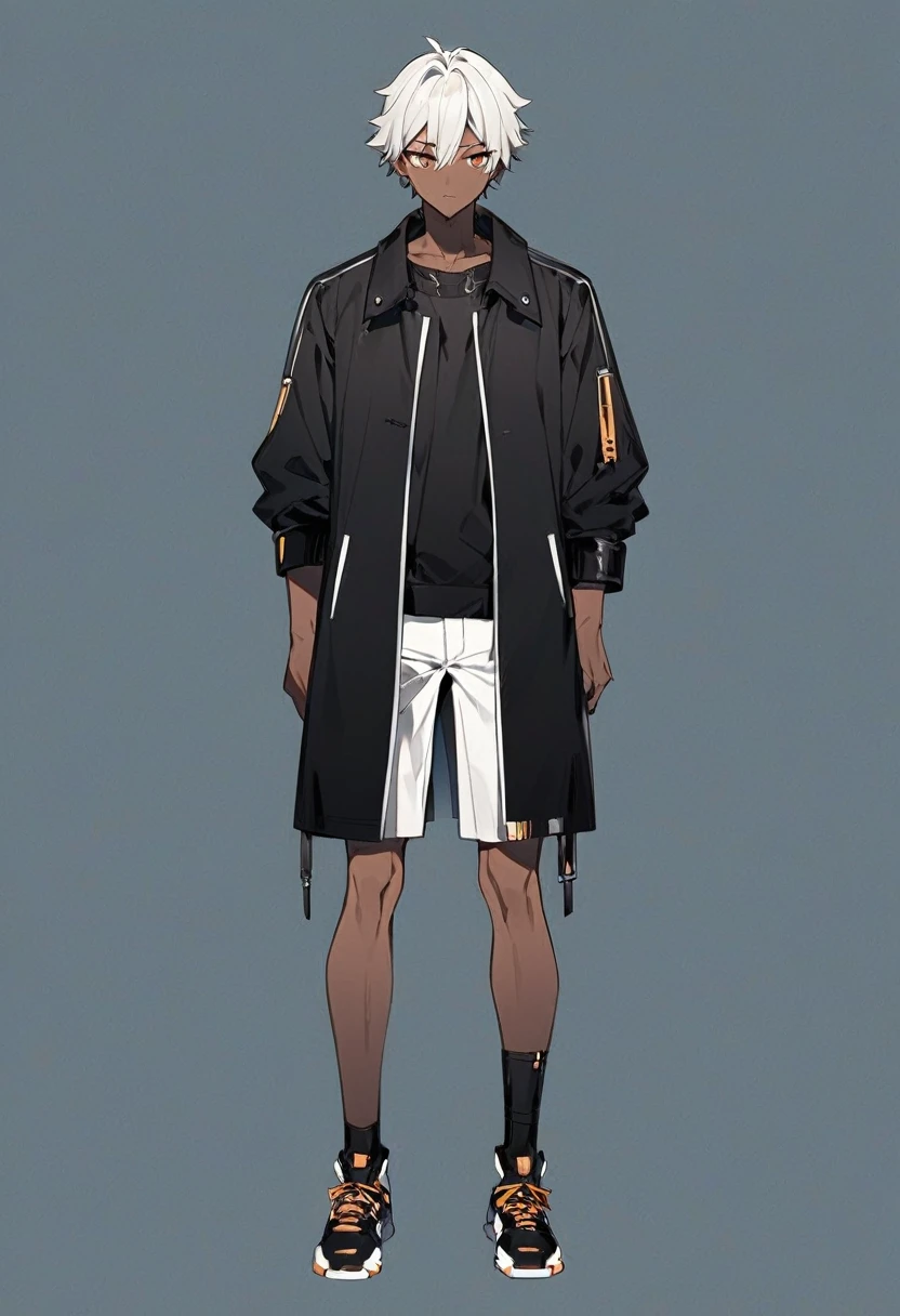 a anime man, dark skinned, white short hair, brown eyes, wearing a black jacket, standing, full body, thin body