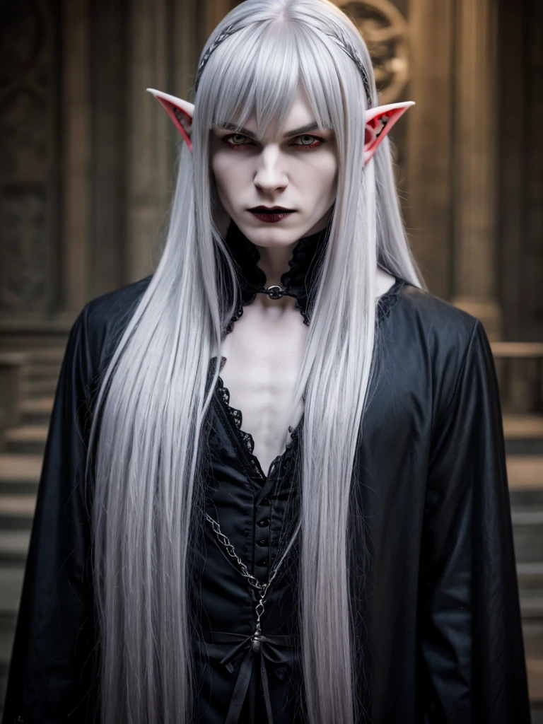 (best quality), 1boy, Male, 30 years old, pale skin, silver hair, long hair, straight hair, parted bangs, red eyes, perfect eyes, pointed ears, gothic clothes, vampire, muscular, handsome, broad, masculine, smug expression, masterpiece, anatomically correct, highres