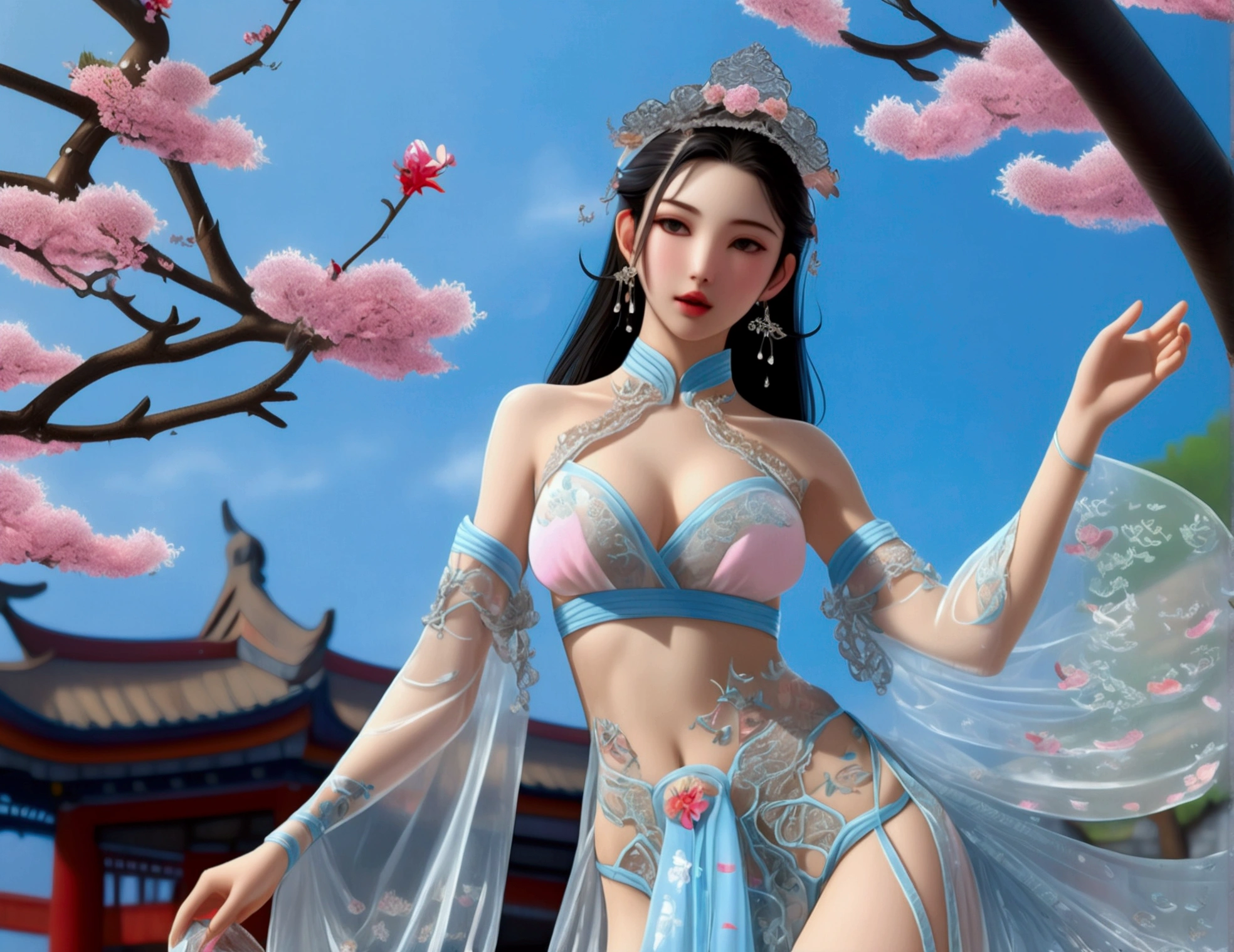 Blue sky and white clouds in the distance,Pink flowers,cherry blossoms,Woman in Hanfu,phoenix crown tiara、Carefully embroidered、Wearing Hanfu Pantyhose、Wearing sleeveless Hanfu、Transparent panties are clearly visible、Look at the panties and panties、Exposed oversized breasts、born,(8k、Highest quality、masterpiece:1.8)、(Intricate details:1.8)、(reality:1.8)、Octane Rendering、Complex 3D rendering with ultra-detail, Studio Soft Light, Edge Light, Vivid details, Super Detail, Realistic skin texture, Detailed aspect, Beautiful Eyes, Highly detailed CG Unity 16k wallpaper, cosmetics, (Detailed Background:2.0), Skin glows、Spread your legs,Camel toe to show off your thighs!!!
