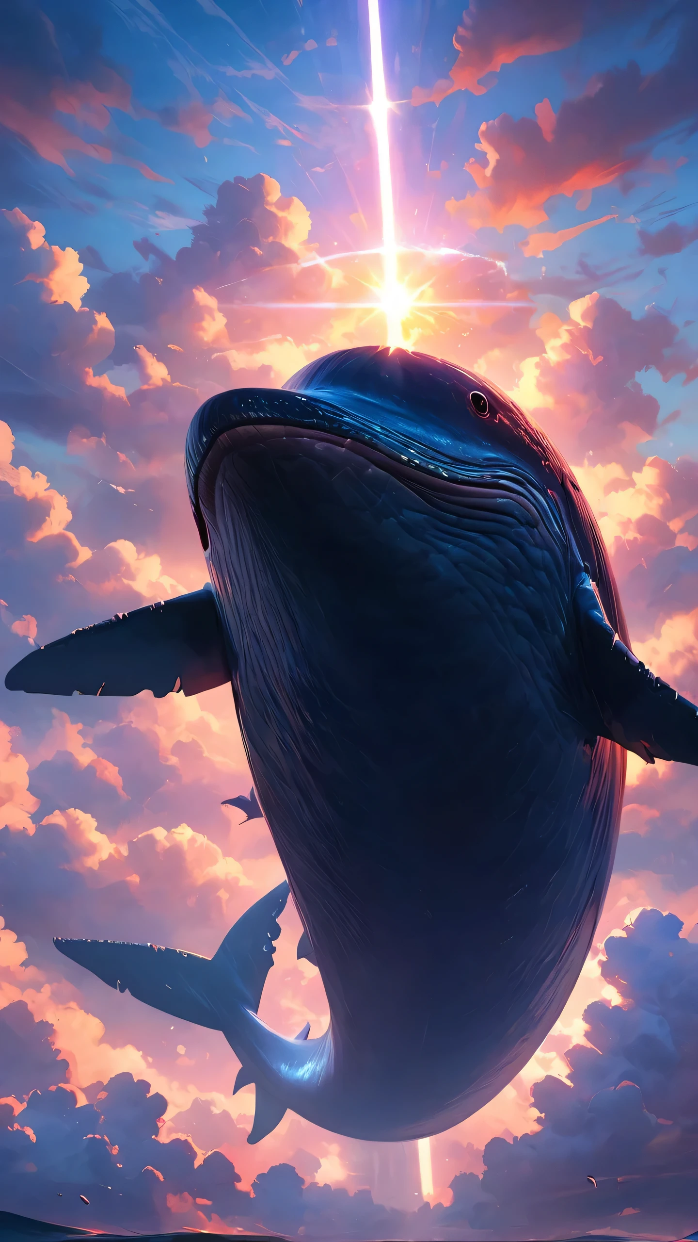 beautiful detailed whale floating in a gorgeous sky, fluffy clouds, dramatic lighting, vibrant colors, photorealistic, 8k, highly detailed, masterpiece, concept art, digital painting