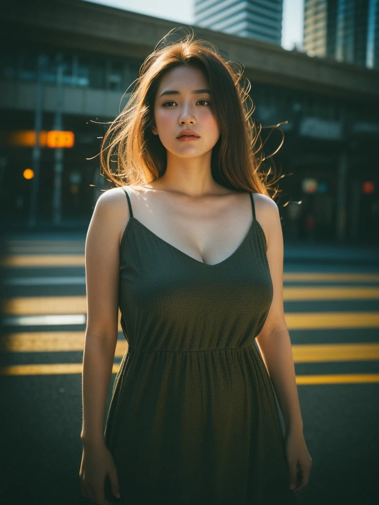 full body shot, Best quality, a 20y chubby mongolian women, wearing bohemian slip dress, big breast, redhead hair blowing in the wind, moody atmosphere, sunlight exposure, beautiful shadow, intricate posing in newyork city , kodacrhome, cinematic, natural, perfect direct of photography, realistic face and eyes, realistic skin, ultra highly detailed, sharp focus, beautiful bokeh, surreal view, masterpiece photo, shot by zenit camera with 35mm lens, Portrait by annie leibovitz