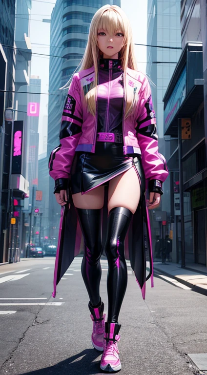 A japanese girl with a long sleek blonde hair, wearing tight skirt, futuristic oversized colorful jacket, riding on a Futuristic black, purple and pink colored motorcycle that noone have ever seen before, Ultra high res, uhd, (photorealistic:1.4), neon lights, future, cyberpunk style,
