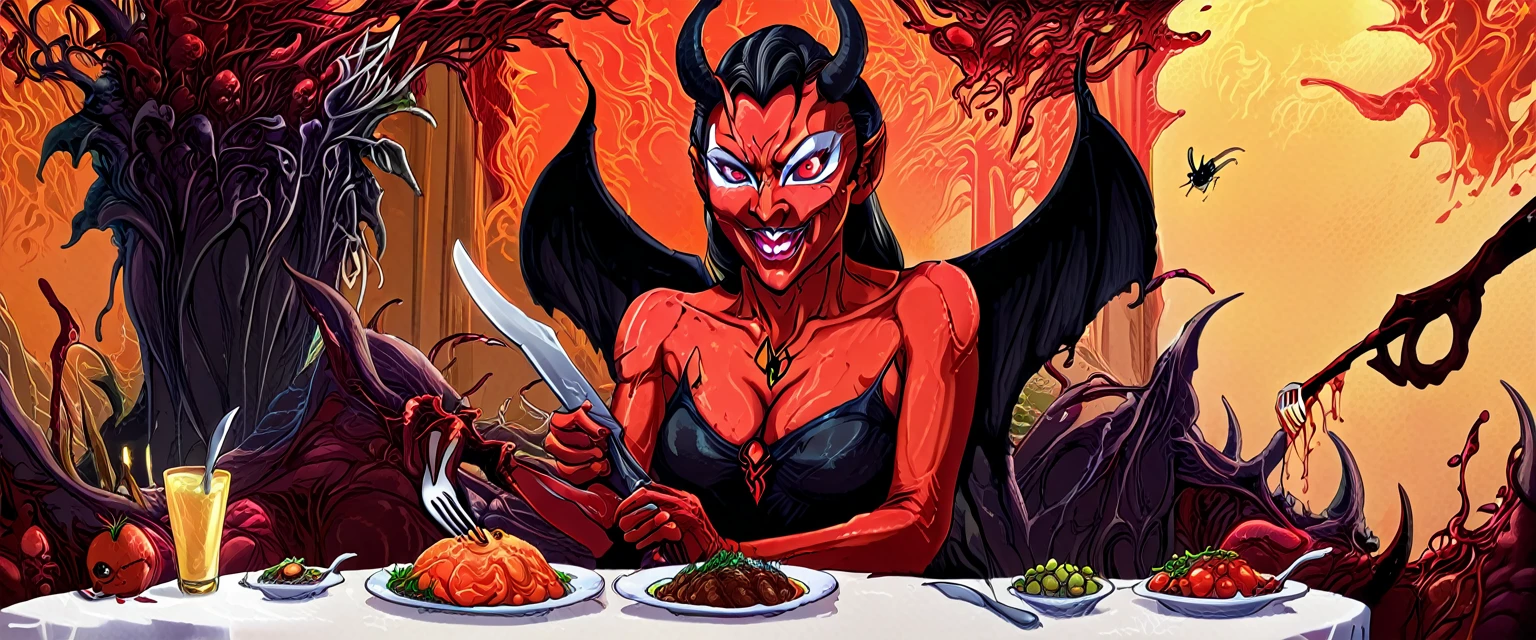 (((masterpiece,Highest quality))),(((Devil anime woman with fly motif))),(((He is sitting alone at the table, holding his knife and fork in front of a sumptuous meal))),(Inhuman),Focus on people,(high quality),brho,b3ks1n