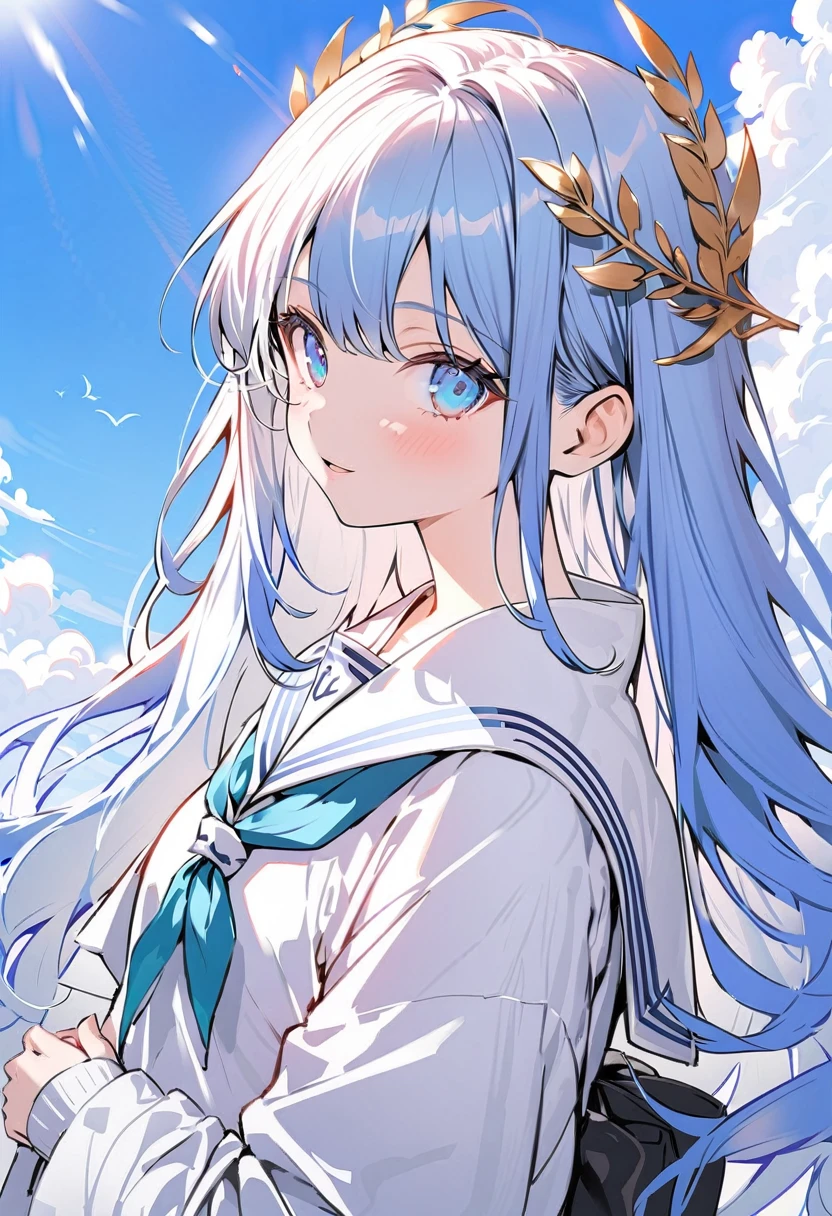 masutepiece++, Best Quality++, ultra-definition++, ultra-definition++, rey tracing, 4K or more++, 8K or more++, Slight details, (Background Focus )++,Young woman with golden laurel wreath, (((Ultramarine hair))), (((White dip dyed hair))), (((red streaked hair))),sailor,Sailor collar,White shirt, skirt by the,anchor,