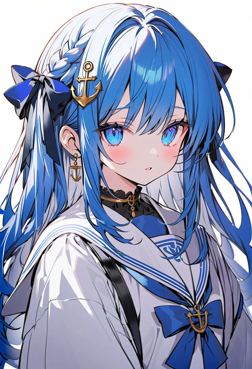masutepiece++, Best Quality++, ultra-definition++, ultra-definition++, rey tracing, 4K or more++, 8K or more++, Slight details, (Background Focus )++,Young woman with golden laurel wreath, (((Ultramarine hair))), (((White dip dyed hair))), (((red streaked hair))),sailor,Sailor collar,White shirt, skirt by the,anchor,