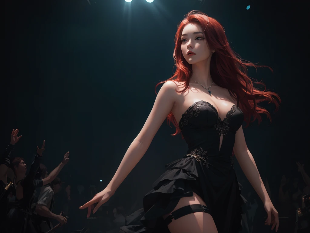 splash art, original art, 1 women, 4k, ((low pov, low shot, low angle, dynamic angle)), ((visual effect)), dark environment with neon lighting, neon, big stadium concert venue, singer, rockstar, concert, beautiful lighting effect, sexy, (((seductive))), speed movement, magic, ultra detailed, red medium hair, sexy black dress, strapless tube top dress, beutiful pose, cinematic, action, painting of a woman in a black dress on stage with a crowd, digital art of an elegant, elegant digital painting, digital painting concept art, inspired by Vincent Lefevre, twilight ; digital painting, red haired goddess, illustration concept art, gorgeous digital painting, sultry digital painting, artstation painting, an expressive digital painting, deviantart artstation cgscosiety