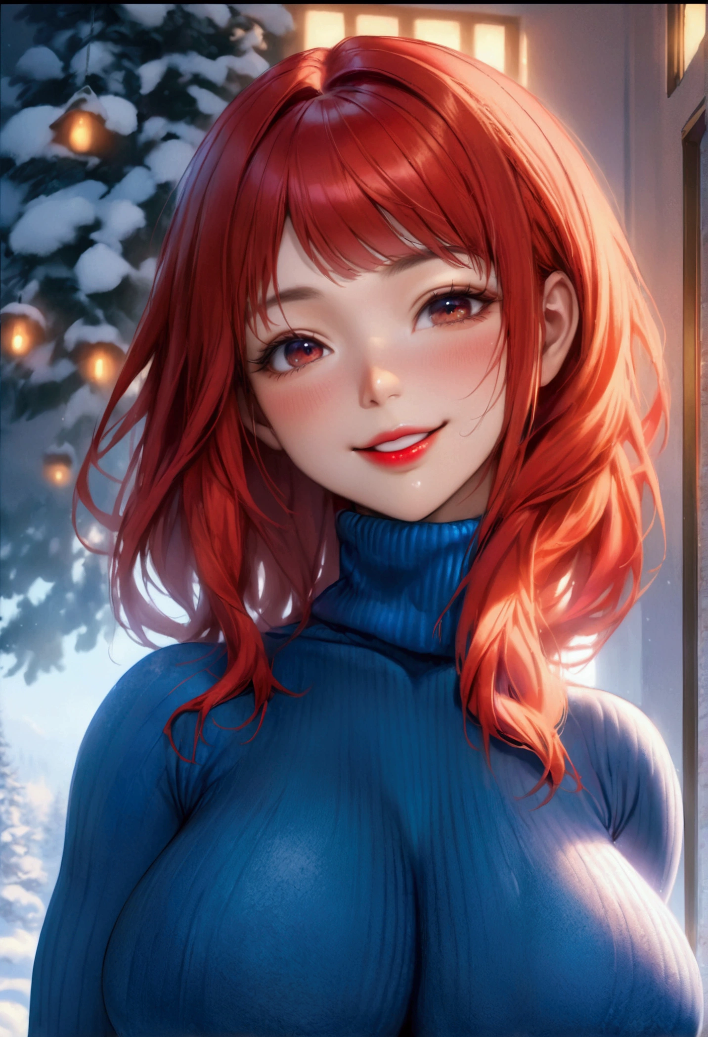 ((A aroused fertile feminine woman with perfect voluptuous meaty-brawny-Carneous-fleshy-beefy toned body figure, extreme firm firm firm accurately rounded 34DDD sized erected silicon breasts, covered erected nipples, erotic expressions on face, red lips, and straight red hair)), ((wearing an unwrinkled smooth extreme skintight turtleneck velour blue thick sweater with a belt and an extreme super skintight plush sumptuously velour luxuriously soft ribbed Winter Warm Thermal velvet Fleece Lined Women Leggings)), ((**standing and smiling, facing viewer, high quality, detailed face portrait, photorealistic, 8k, masterpiece vivid colors, warm lighting, intricate details, hentai, waifu, show full body view**))