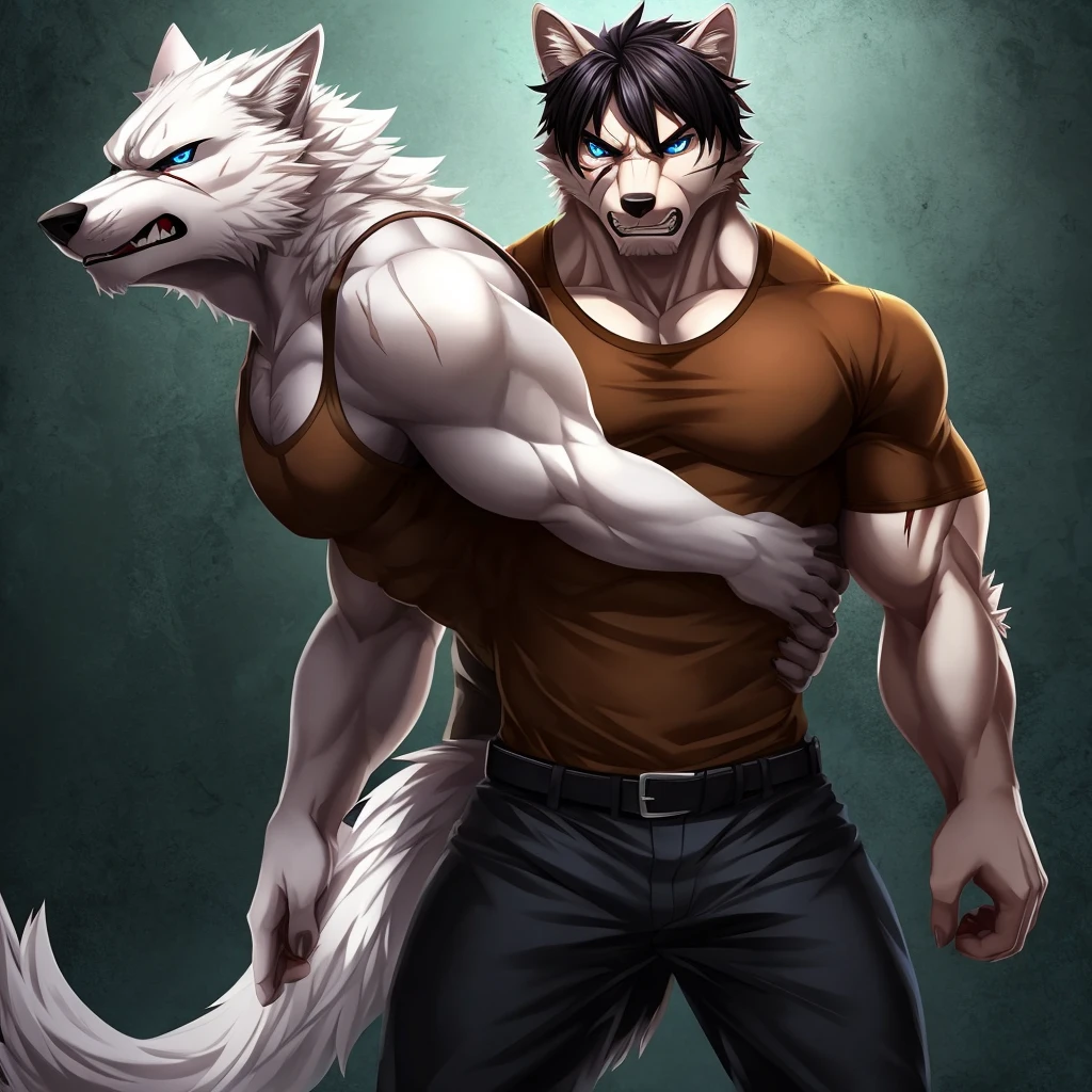 Full body, muscular lean body, White wolf, male, brown shirt, black short hair, deep blue eyes, scar in left eye, angry