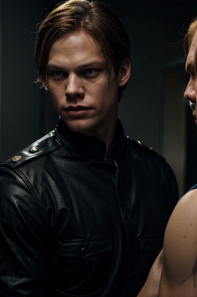 Bill Skarsgard with golden hair, in a black and blue police shirts as Leon Scott Kennedy from the game Resident Evil 4 