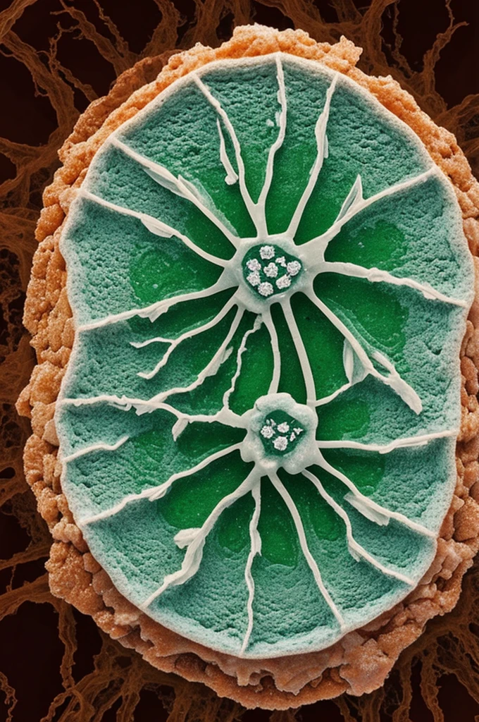 Generate an image of a microorganism that lives in conditions of high temperatures of more than 25,000 °C. This microorganism must have a soft structure, crystalline and with a diamond crust. This microorganism lives through radiation photosynthesis..