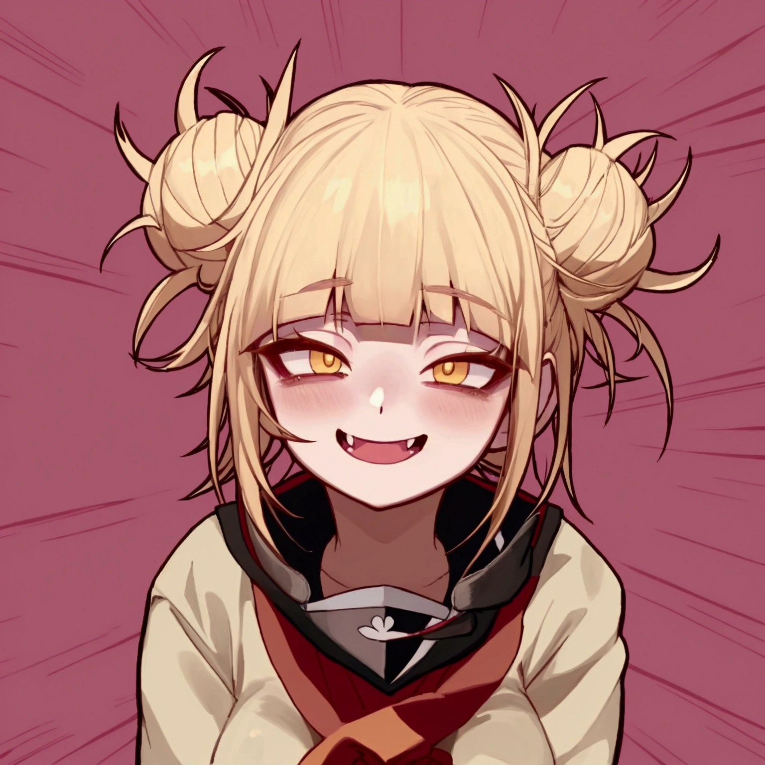 Himiko toga anime girl with blonde hair and yellow eyes looking at the camera., Stop four *, Junko Enoshima, Moe anime art style, in an anime style, [[[[smiling evilly]]]], anime monster girl, Marisa Kirisame, shikami, Stop four, anime style portrait, perfect anime face