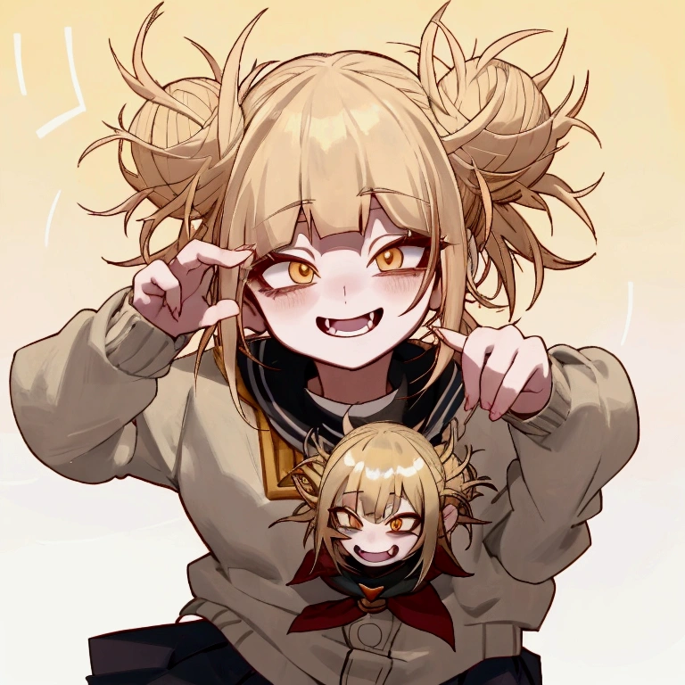 Himiko toga anime girl with blonde hair and yellow eyes looking at the camera., Stop four *, Junko Enoshima, Moe anime art style, in an anime style, [[[[smiling evilly]]]], anime monster girl, Marisa Kirisame, shikami, Stop four, anime style portrait, perfect anime face