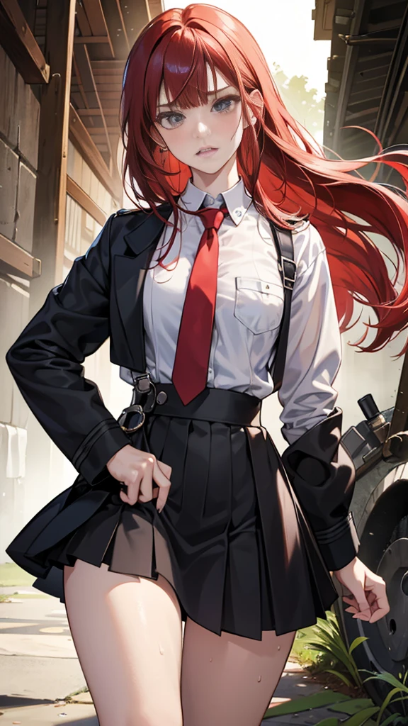 {{masterpiece}}, {{{Highest quality}}},{{Very detailed}}, {{figure}},{{tall}},{{Adult female}},,{{Fighting stance}},｛Ryona｝,{{Long sleeve mini skirt uniform}},{{Abuse power and lose}},}}{defensive posture}},{{Fight}},{Jumping},{Malaise}, ,{{distress}},{{Eyelet foot}},,{{}},{{}},,{{}},{{}},,Slender body}}{{Avoidance}}{{Female police officer}},,,,suspenders　,Long sleeve mini skirt uniform, White High Socks,Black fingerless gloves, Long Red Hair, Red tie,Straight hair ,Blunt bangs,Thigh holster,.amountn loafer,,blush,Wrinkles ,amount,Grit your teeth,suffering,v-shaped eyeamounts.,Sweat dripping,Medium chest ,get annoyed,,Slums,,Twisting,