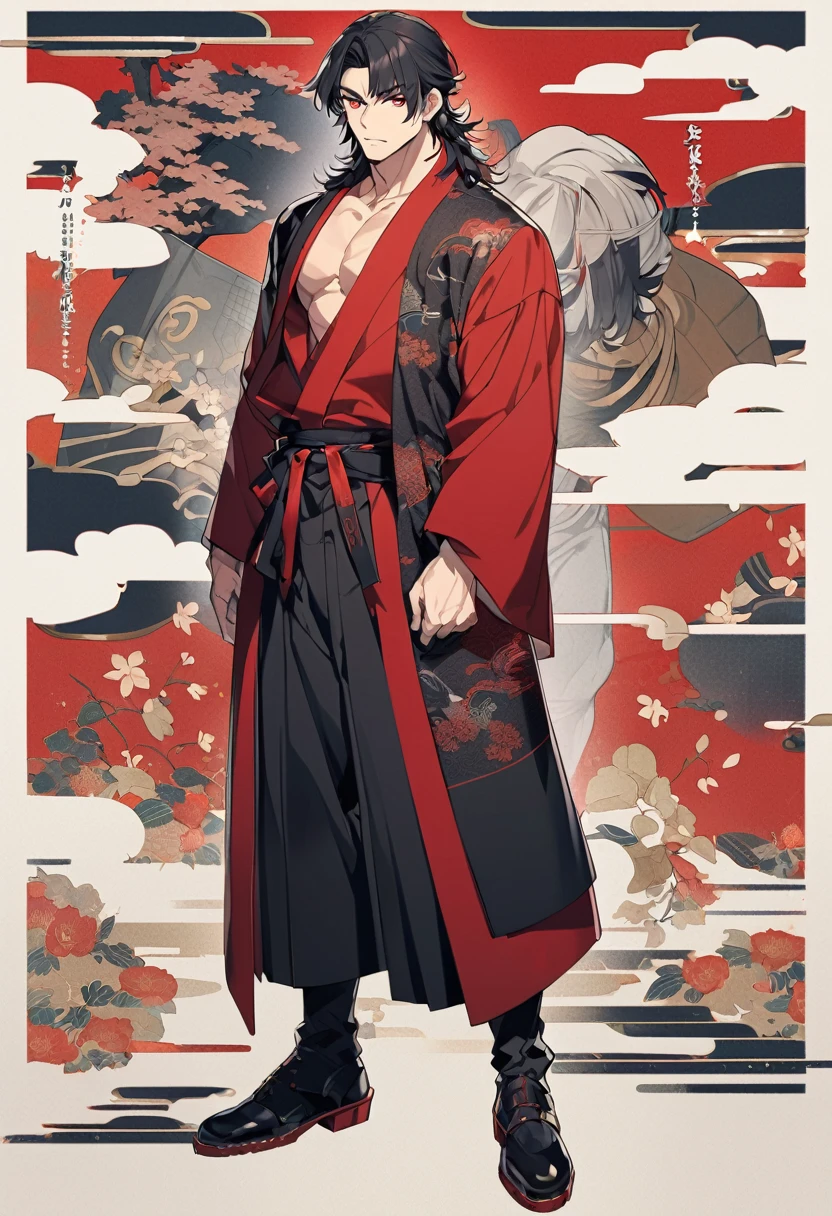 A anime man, black short hair, mullet haircut, red eye, black and red kimono, standing, full body, adult, muscular body
