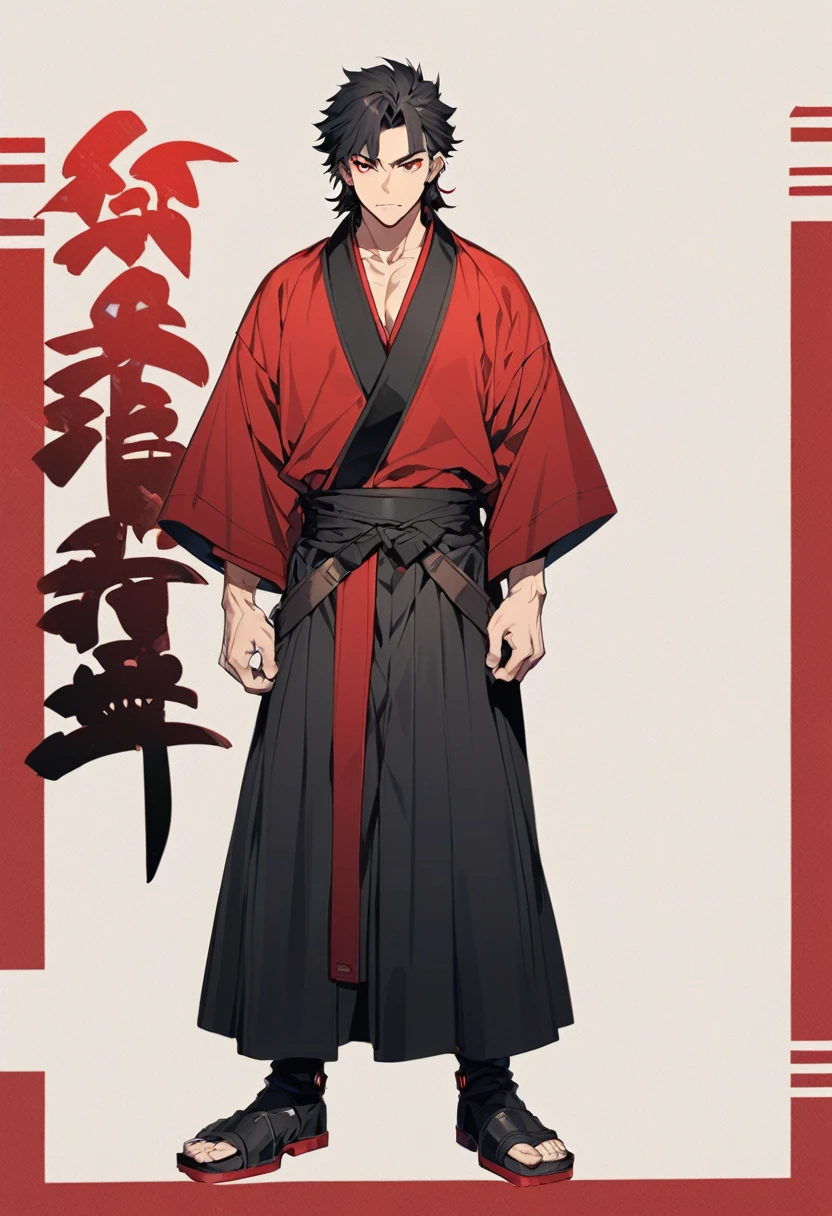 A anime man, black short hair, mullet haircut, red eye, black and red kimono, standing, full body, adult, muscular body