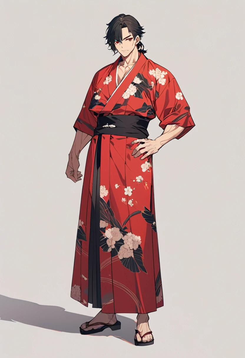 A anime man, black short hair, mullet haircut, red eye, black and red kimono, standing, full body, adult, muscular body