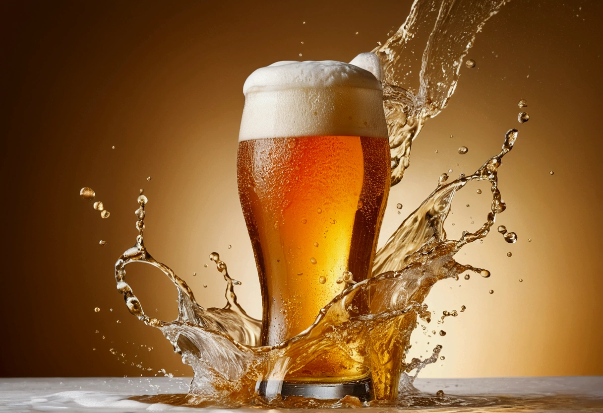 a picture of an double IPA beer, beer splashing in the elegant cream color background like in a commercial, everything in focus
