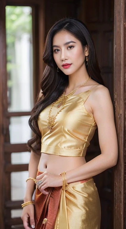 beautiful girl, cute, 1 person only, beautiful eyes, Beautiful mouth, red lips, Long eyelashes, black hair, long-haired, My hair is very long.., big , Beautiful breasts, breast augmentation, Slim shape, small waist, flat stomach, Long, slender legs...., Wear a sarong., Thai cloth, red, Traditional Thai dress, Complete jewelry, gold jewelry, The audience looks., old house scene, Ancient Thai House