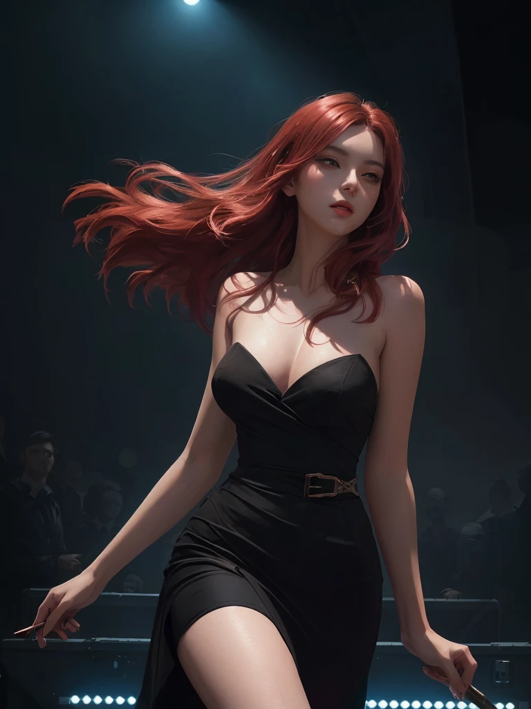 splash art, original art, 1 women, 4k, ((low pov, low shot, low angle, dynamic angle)), ((visual effect)), dark environment with neon lighting, neon, big stadium concert venue, singer, rockstar, concert, beautiful lighting effect, sexy, (((seductive))), speed movement, magic, ultra detailed, red medium hair, sexy black dress, strapless tube top dress, beutiful pose, cinematic, action, painting of a woman in a black dress on stage with a crowd, digital art of an elegant, elegant digital painting, digital painting concept art, inspired by Vincent Lefevre, twilight ; digital painting, red haired goddess, illustration concept art, gorgeous digital painting, sultry digital painting, artstation painting, an expressive digital painting, deviantart artstation cgscosiety