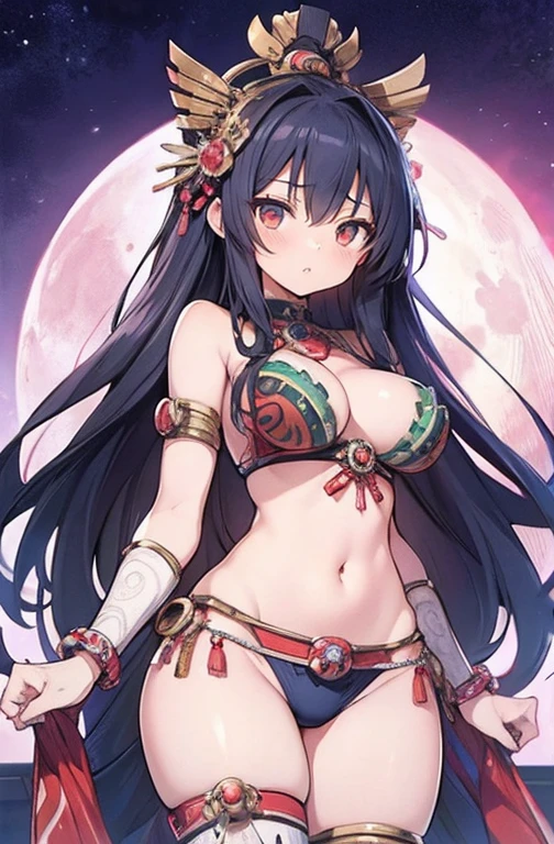 Anime Kawaii sexy Perfect Slim sensual body large breast and huge thighs, An intricate and highly detailed illustration of anime (Young girl). (((Aztec Goddess))) best qualityer, ultra-high resolution, Detailed CG in 4K, work of art, Coyolxauhqui ,moon goddess, aztec mythology, Aztec temple, Aztec clothing, natta, Mexico, aesthetics, Beautiful picture, centered on screen