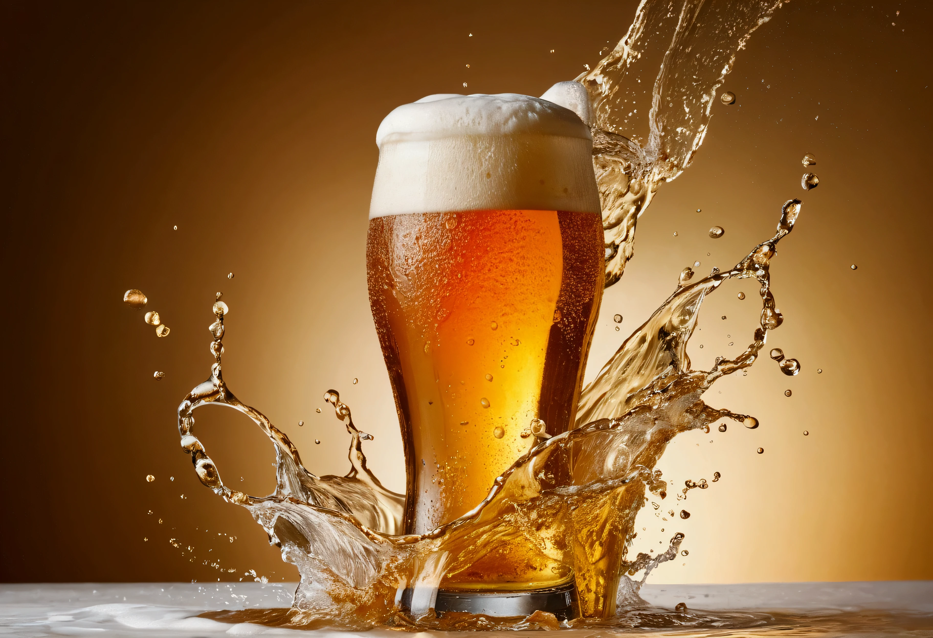 a picture of an double IPA beer, beer splashing in the elegant cream color background like in a commercial, everything in focus
