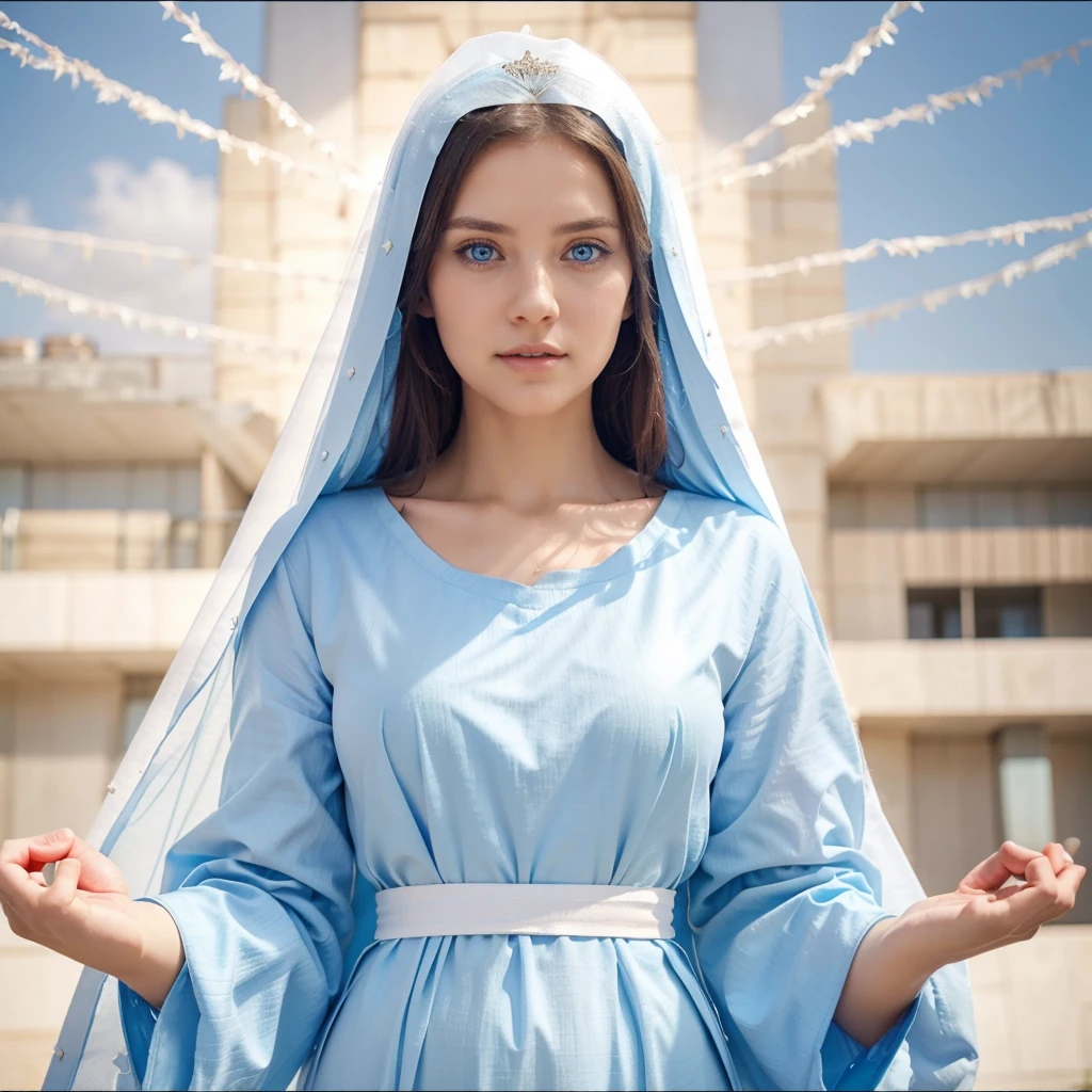 Beautiful woman with light blue eyes, wearing a blue tunic with wide, long sleeves adjusted at the waist by a white sash. Wear a thick white veil. She has open arms