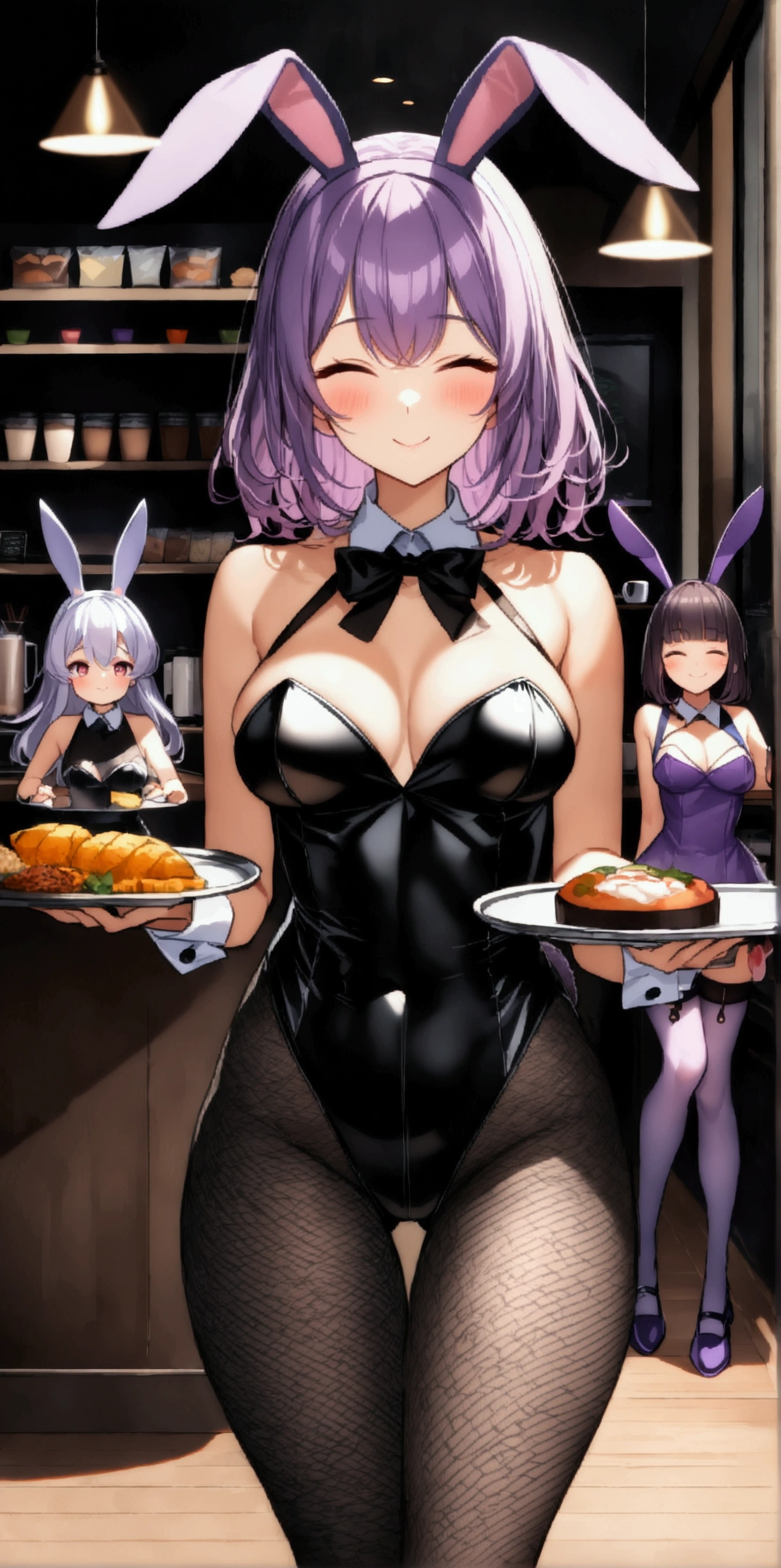 cute face, ideal ratio body proportions, curvy, blush, medium hair, (purple hair), (pink eyes), (medium breasts), (((cute 3 girls))), ((Bunny ears)), (((purple Bunny girls))), ((Fishnet tights)), (Closed your eyes), ((Closed your mouth)), smile, (((Hold the tray))), (((multi foods))), (((A coffee shop with many customers))), ((32k)), ((best quality)), ((ultra high res)), ((HDR)), ((UHD)), ((extremely detailed CG)), ((unity 32k wallpaper)), ((perfect anatomy)), ((from front)), 