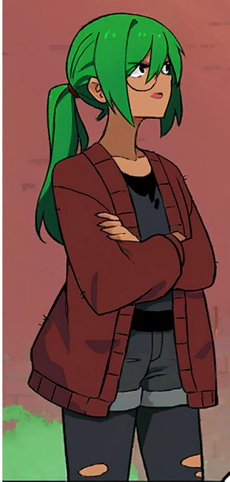 cartoon of a woman with green hair and a ponytail standing in front of a brick wall, full body portrait of a short!, cel - shaded art style, character full body portrait, full body close-up shot, a character portrait, dressed in a green robe, tall female emo art student, full body character portrait, inspired by Taiyō Matsumoto