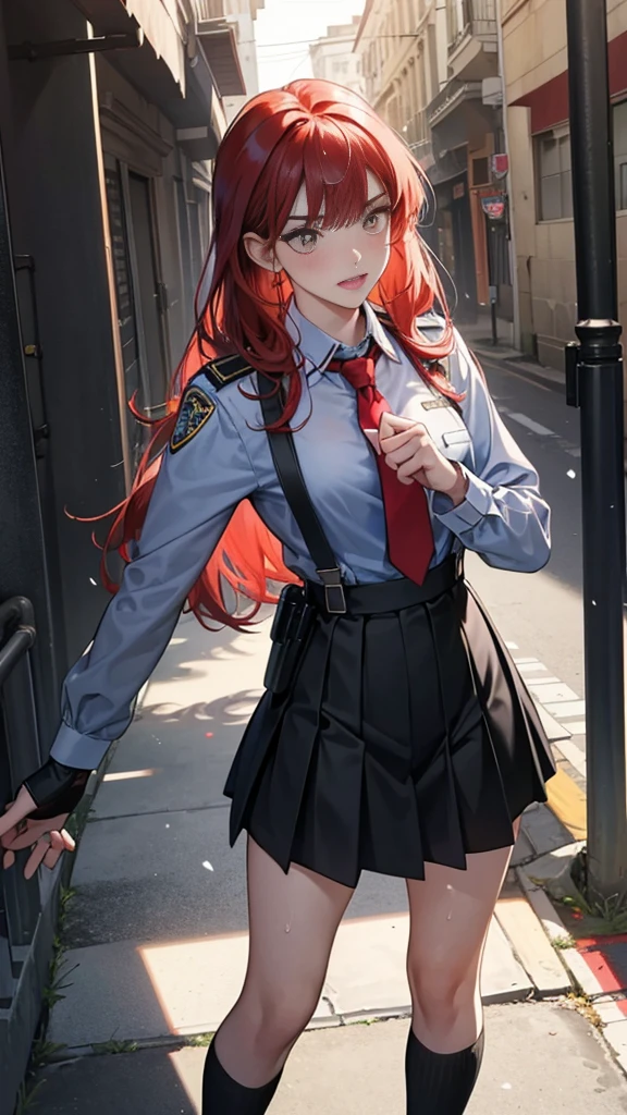 {{masterpiece}}, {{{Highest quality}}},{{Very detailed}}, {{figure}},{{tall}},{{Adult female}},,{{Fighting stance}},{Ryona},{{Long sleeve mini skirt uniform}},{{Abuse power and lose}},}}{defensive posture}},{{Fight}},{Jumping},{Malaise}, ,{{distress}},{{Eyelet foot}},,{{}},{{}},,{{}},{{}},,Slender body}}{{Avoidance}}{{Female police officer}},,,,suspenders ,Long sleeve mini skirt uniform, White High Socks,Black fingerless gloves, Long Red Hair, Red tie,Straight hair ,Blunt bangs,Thigh holster,.amountn loafer,,blush,Wrinkles ,amount,Grit your teeth,suffering,v-shaped eyeamounts.,Sweat dripping,Medium chest ,get annoyed,,Slums,,Twisting,