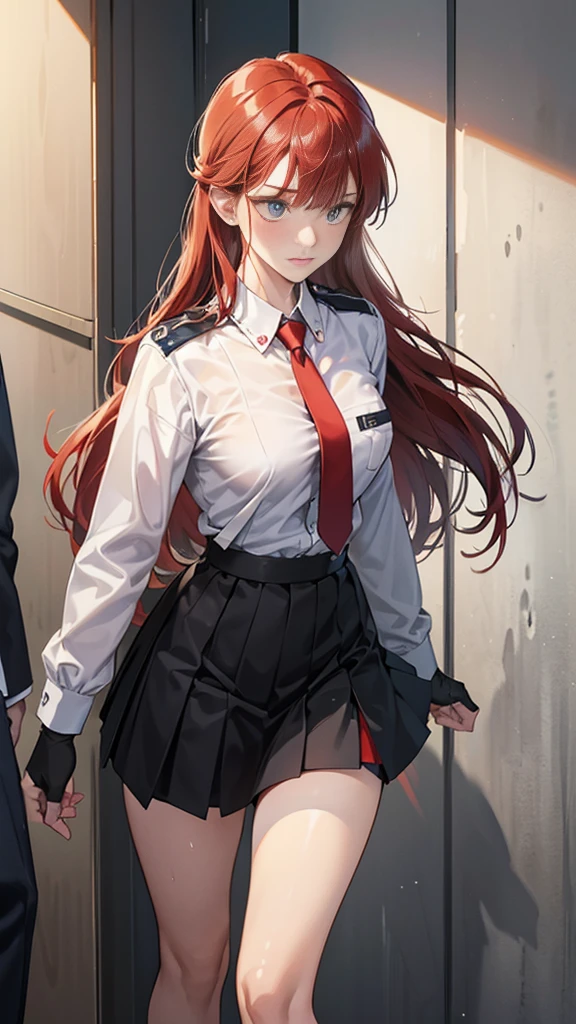 {{masterpiece}}, {{{Highest quality}}},{{Very detailed}}, {{figure}},{{tall}},{{Adult female}},,{{Fighting stance}},｛Ryona｝,{{Long sleeve mini skirt uniform}},{{Abuse power and lose}},}}{defensive posture}},{{Fight}},{Jumping},{Malaise}, ,{{distress}},{{Eyelet foot}},,{{}},{{}},,{{}},{{}},,Slender body}}{{Avoidance}}{{Female police officer}},,,,suspenders　,Long sleeve mini skirt uniform, White High Socks,Black fingerless gloves, Long Red Hair, Red tie,Straight hair ,Blunt bangs,Thigh holster,.amountn loafer,,blush,Wrinkles ,amount,Grit your teeth,suffering,v-shaped eyeamounts.,Sweat dripping,Medium chest ,get annoyed,,Slums,,Twisting,