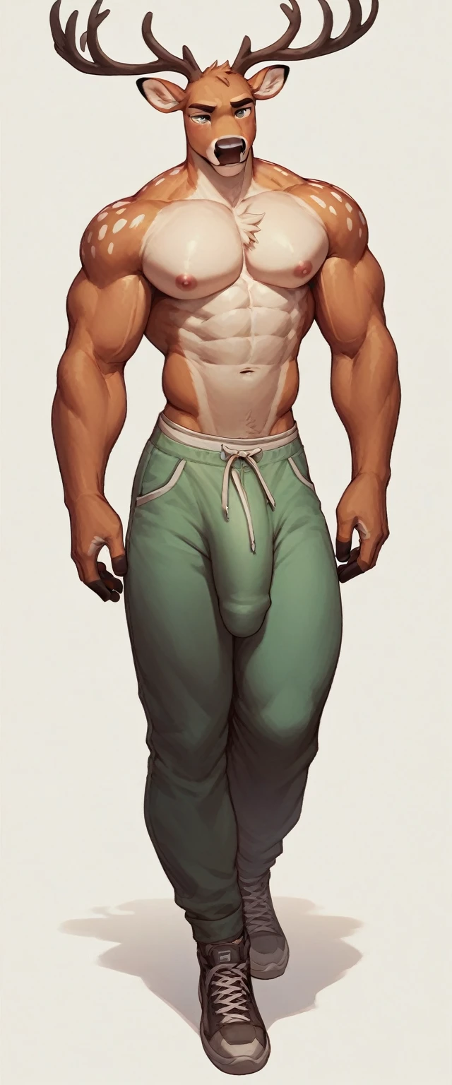 Deer anthropomorphic, male chest, press, Navel, nipples, full length, gay, big dick, broad shoulders, muscular, wide waist, 