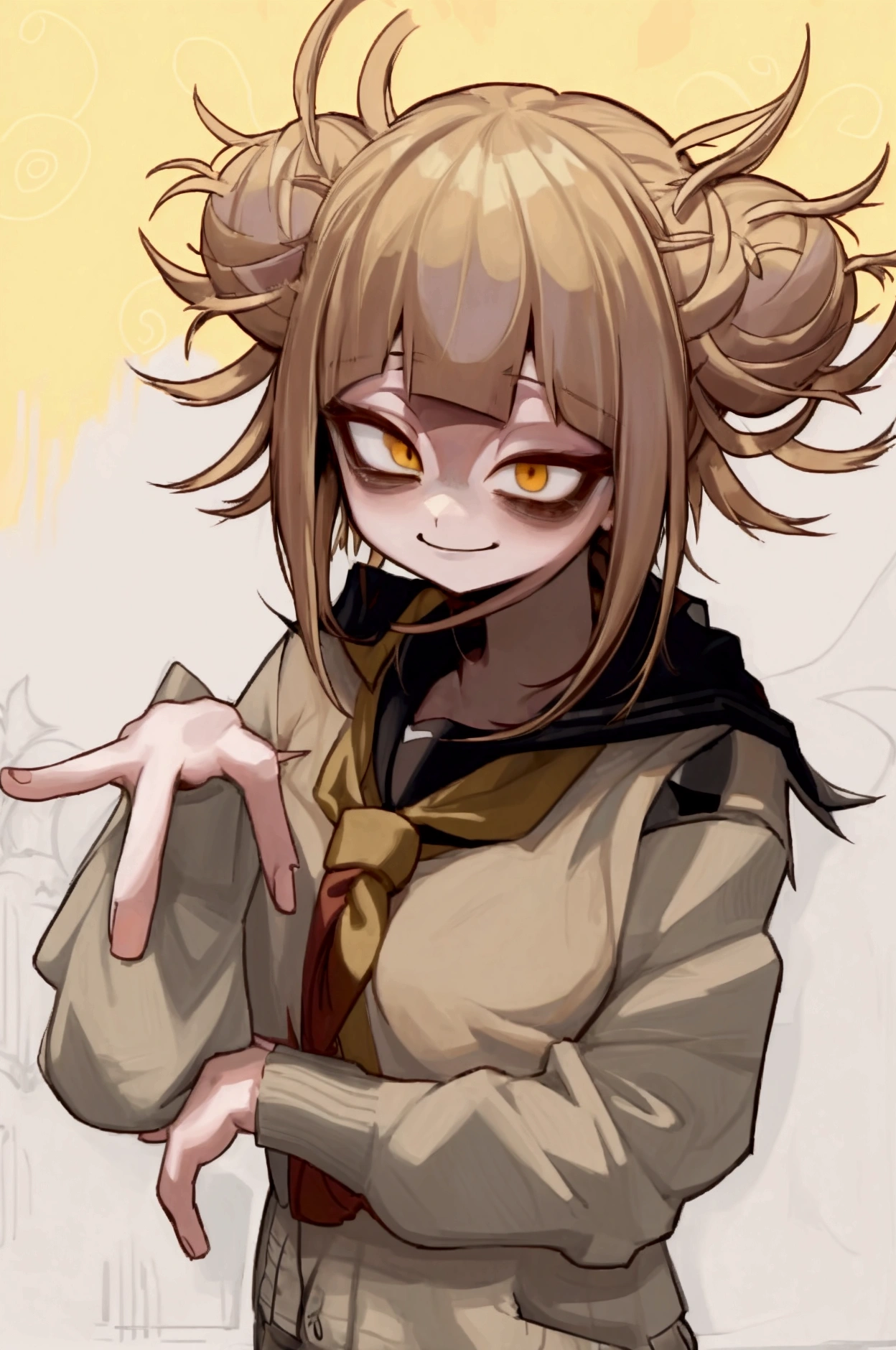 Himiko toga anime girl with blonde hair and yellow eyes looking at the camera., Stop four *, Junko Enoshima, Moe anime art style, in an anime style, [[[[smiling evilly]]]], anime monster girl, Marisa Kirisame, shikami, Stop four, anime style portrait, perfect anime face