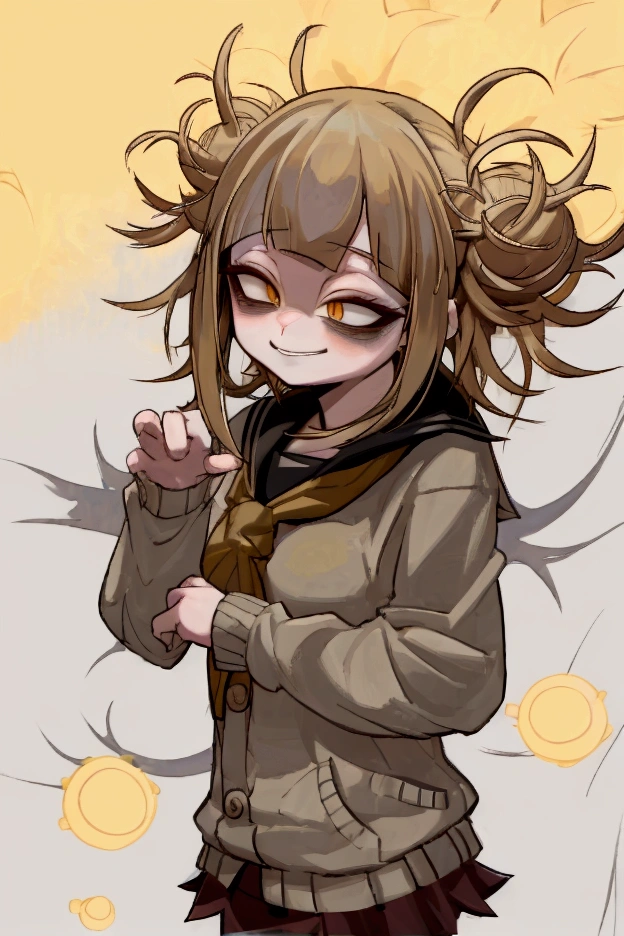 Himiko toga anime girl with blonde hair and yellow eyes looking at the camera., Stop four *, Junko Enoshima, Moe anime art style, in an anime style, [[[[smiling evilly]]]], anime monster girl, Marisa Kirisame, shikami, Stop four, anime style portrait, perfect anime face