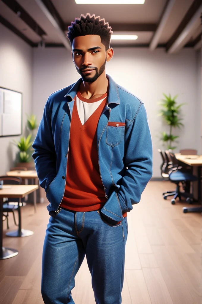 a photo of Kabede Sccatynter, a 30-year-old man, well-defined muscular body, of African descent, short black hair with a low cut, brown eyes, blue blazer, jeans, white T-shirt, white sneakers, stands alone in a pensive possession, hand on chin and standing facing the camera talking and smiling in an office.