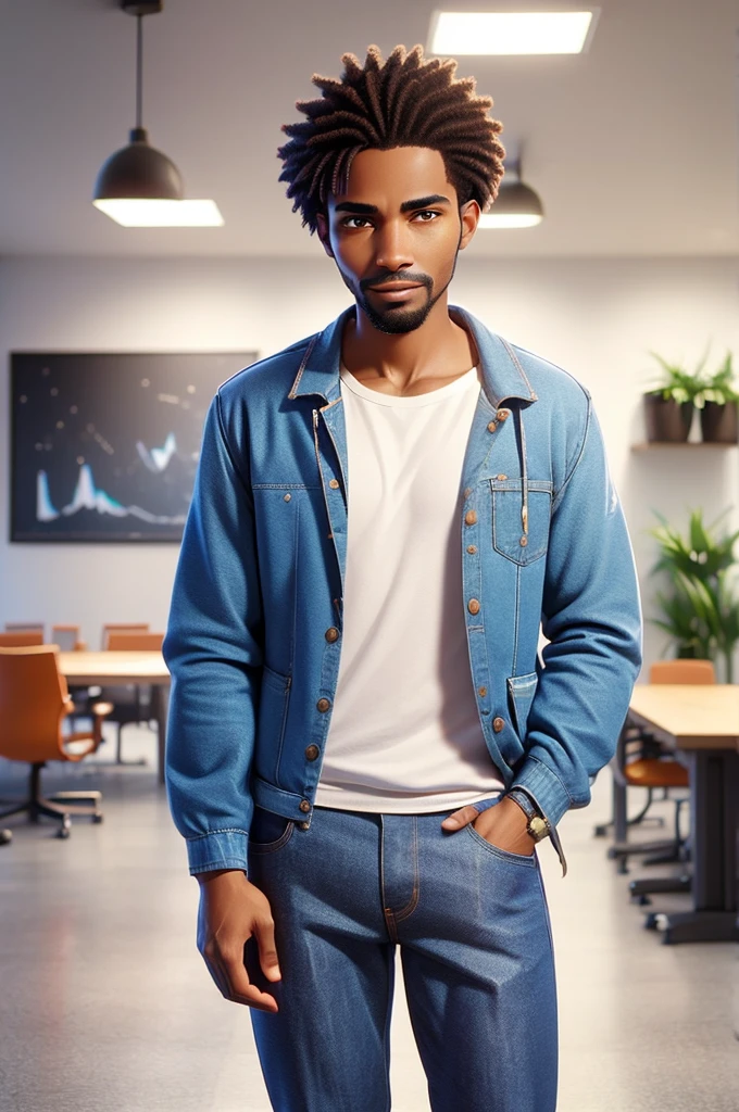 a photo of Kabede Sccatynter, a 30-year-old man, well-defined muscular body, of African descent, short black hair with a low cut, brown eyes, blue blazer, jeans, white T-shirt, white sneakers, stands alone in a pensive possession, hand on chin and standing facing the camera talking and smiling in an office.