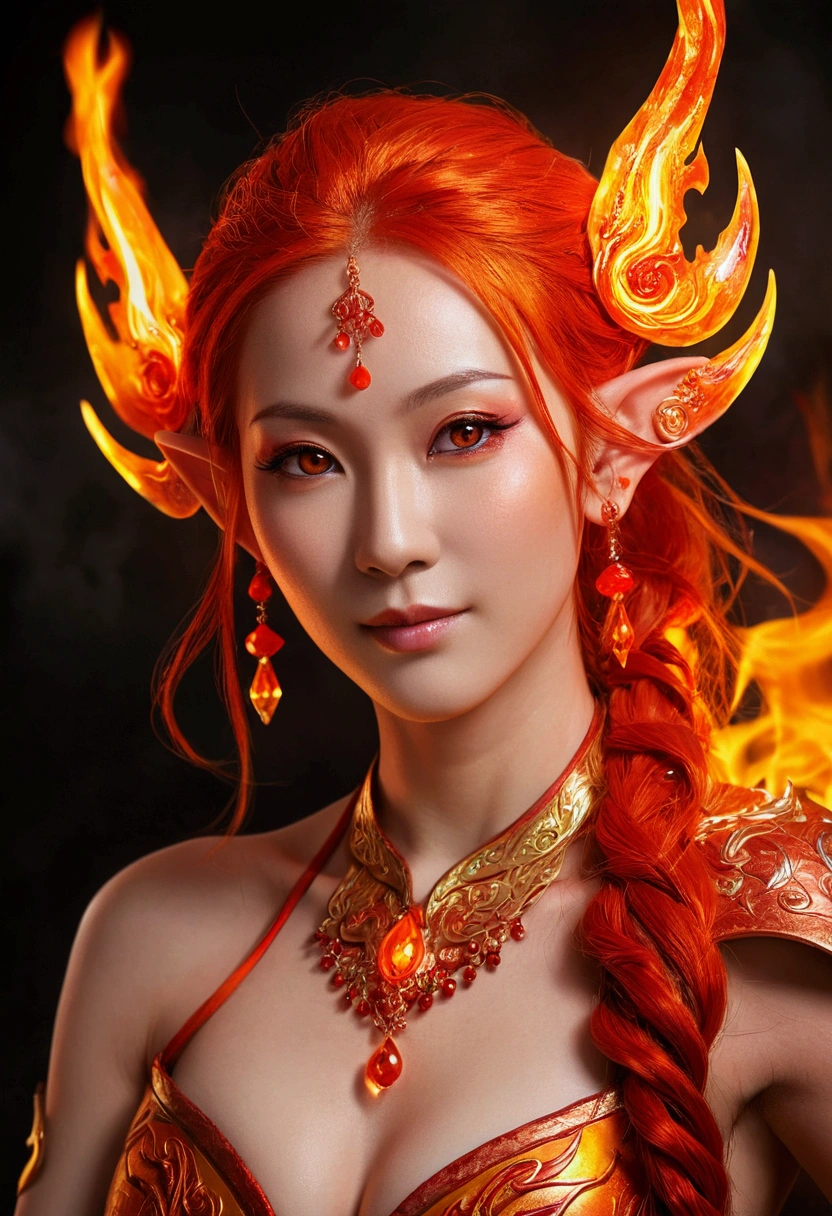((half body Portrait of a fire elf)), red flowing hair, shiny red eyes,( medium length pointy ears),orange fire around, flaming theme, burning atmosphere, (detailed sexy Chinese style costume:1.2), red glowing tattoos, orange crystal jewelry, light smile, mature body, colorful ,by Mappa studios,masterpiece,best quality,official art,illustration,ligne claire,(cool_color),perfect composition,absurdres, fantasy,focused,rule of third, close up portrait