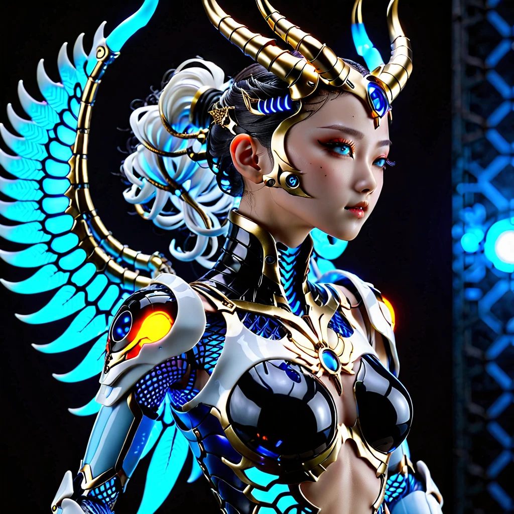 (Model pose, K-POPアイドル), cyborg少女、A horned demon with deep blue wings falls from the sky, (RAW Photos), beautiful効果, Vibrant colors, The body is made of dragon scales, Ryujin's、Ray Tracing, Tabletop, Highest quality, super high quality, 不条理なdetailed, (The best light), (Best Shadow), sharp, Clear images, detailed, 非常にdetailed, High resolution, 8k, 4K, Hmph, Volumetric, detailed black armor, (Particle Effects), Creative images with machine edited backgrounds、Our bodies are made of machines、Our bodies are made of machines、beautiful, very detailed porcelain woman in profile、cyborg、Robot parts、150mm、beautifulスタジオの柔らかな光、Rim Light、鮮明なdetailed、Gorgeous Cyberpunk、Ren Hao、Surreal、Anatomical、NSFW Girl、cable, wire, Microchip、elegant、beautiful背景、Big Blue Full Moon、AI-generated paintings by Sea Art、It depicts a fascinating image of yin and yang...., (Highest quality, Exquisite design, The The best lighting, Better shading).High heels、Angle from below the knee、anklet、Blue moon background on blue background、blue eyes、The flame that Burns everything、disaster々Burn、disaster々Emitting an aura、